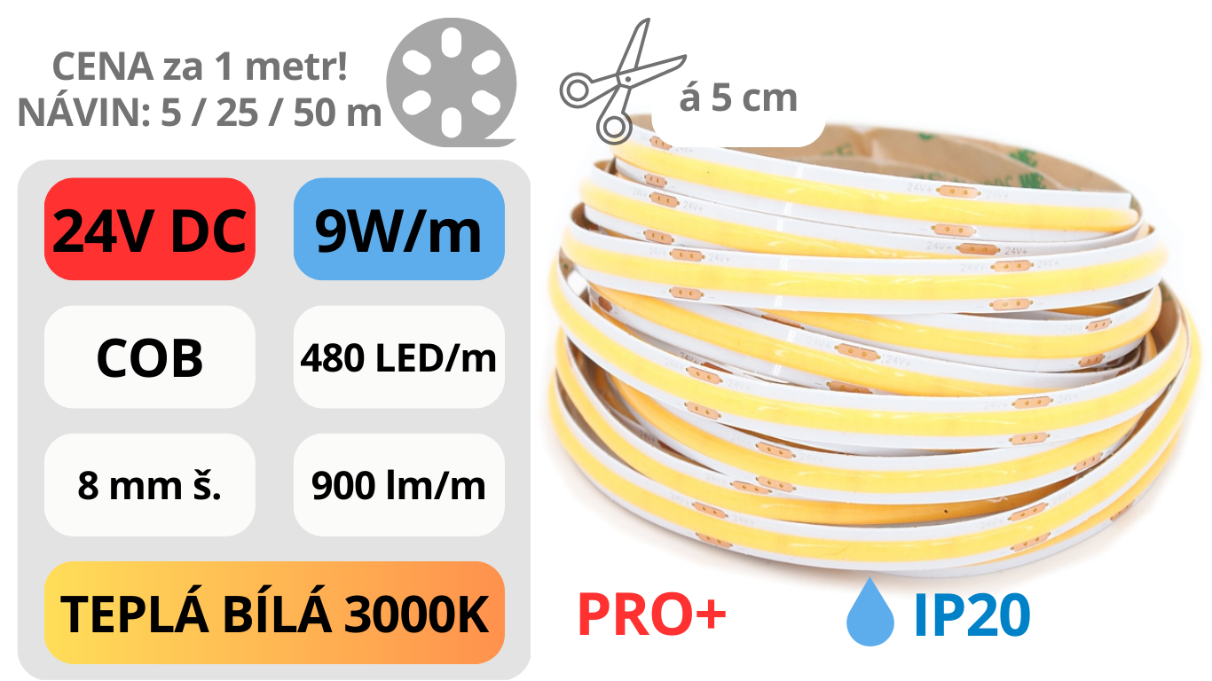 LED pásek COB 24V / 480LED / 9W / 3000K / IP20 / 8mm / PRO+