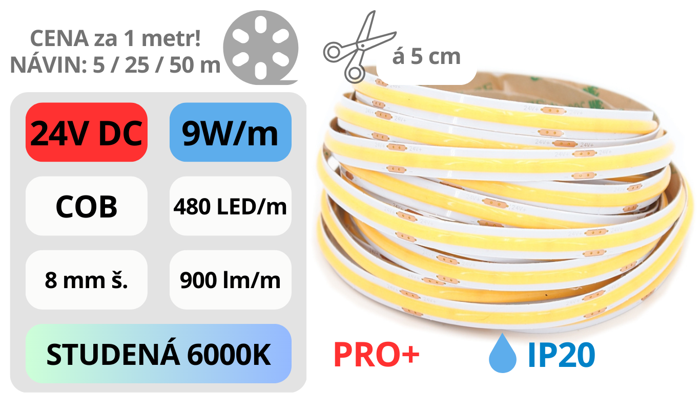 LED pásek COB 24V / 480LED / 9W / 6000K / IP20 / 8mm / PRO+