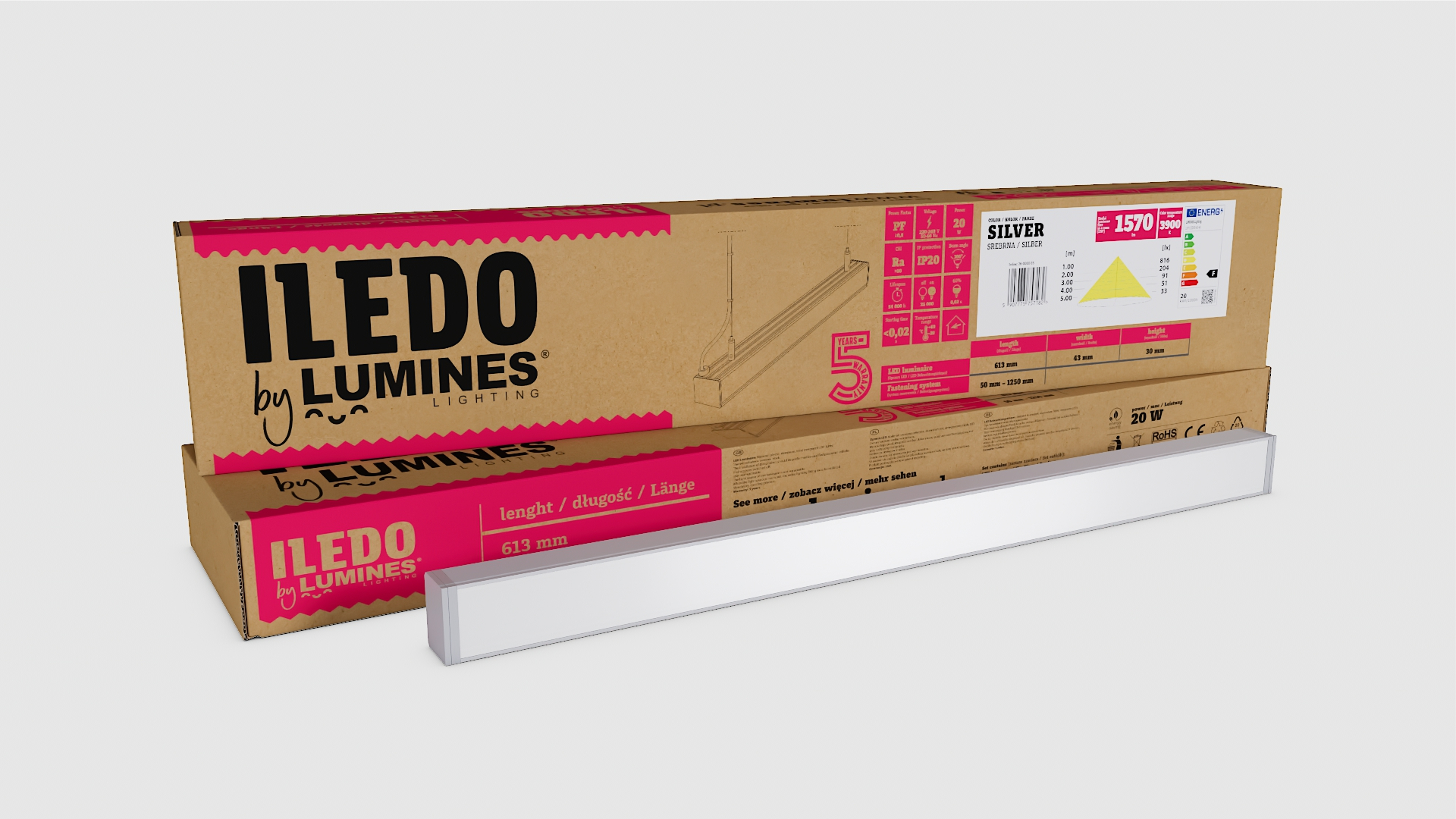 Závěsné svítidlo Lumines ILEDO stříbrné, 180cm, 4000K, 56W