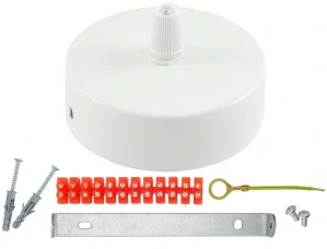 ROZETA STROPNÍ KULATÁ - BÍLÁ lakovaná, 8cm, pro lampy s jedním kabelem, sada vč. kabelového zámku