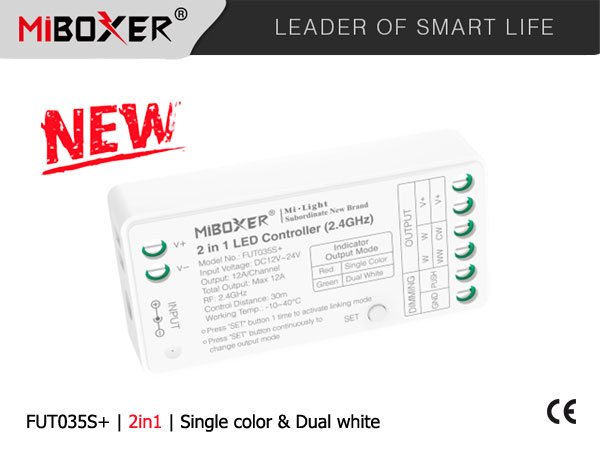 Řídící jednotka FUT035S+ (2v1) Mi.Light MiBOXER pro jednobarevné a CCT LED pásky, RF 2,4 GHz, 12V-24V, 12A