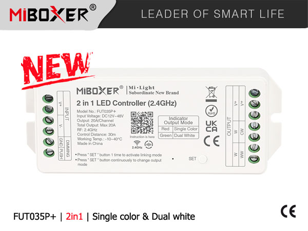 Řídící jednotka FUT035P+ (2v1) Mi.Light MiBOXER pro jednobarevné a CCT LED pásky, RF 2,4 GHz, 12V-48V, 20A