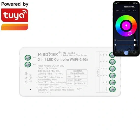 WiFi řídící jednotka (3v1) FUT037W+ MiBOXER pro RGB, RGBW a RGB+CCT LED pásky, 12V-48V, 12A, TUYA, WIFI