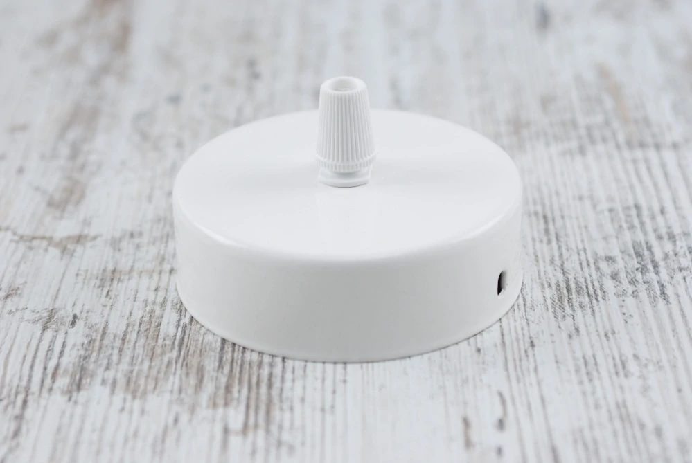 ROZETA STROPNÍ KULATÁ - BÍLÁ lakovaná, 8cm, pro lampy s jedním kabelem, sada vč. kabelového zámku