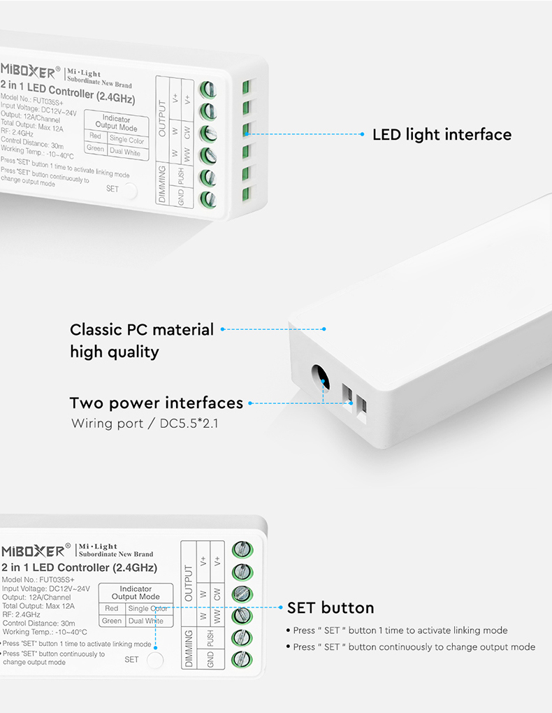 Řídící jednotka FUT035S+ (2v1) Mi.Light MiBOXER pro jednobarevné a CCT LED pásky, RF 2,4 GHz, 12V-24V, 12A