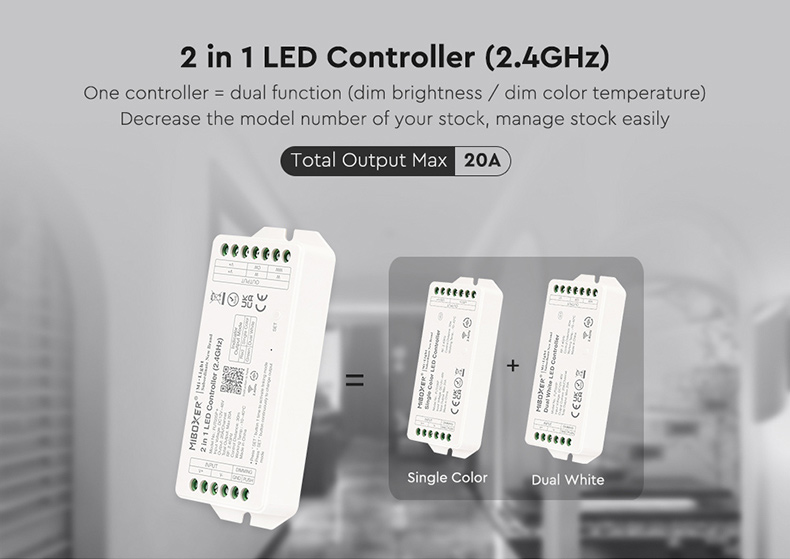 Řídící jednotka FUT035P+ (2v1) Mi.Light MiBOXER pro jednobarevné a CCT LED pásky, RF 2,4 GHz, 12V-48V, 20A