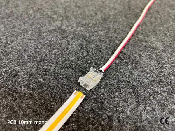 2 pin KONEKTOR pro MONO COB & SMD LED pásky, typ: LED pásek ↔ SVORKA pro přívodní vodič, PCB 10mm