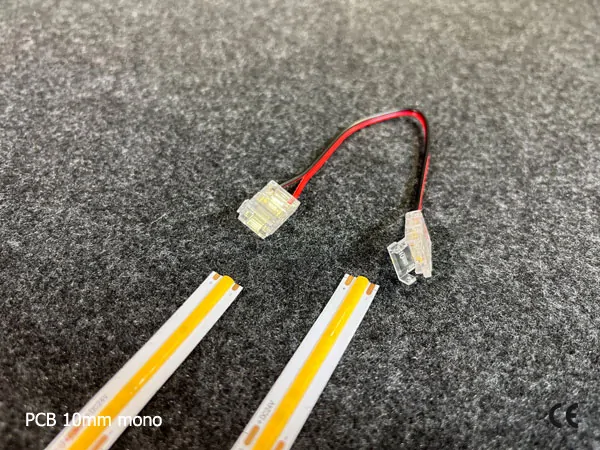 2 pin KONEKTOR pro MONO COB & SMD LED pásky, typ: LED pásek ↔ propojovací KABEL ↔ LED pásek, PCB 10mm
