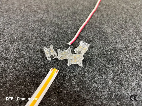 2 pin KONEKTOR pro MONO COB & SMD LED pásky, typ: LED pásek ↔ SVORKA pro přívodní vodič, PCB 10mm