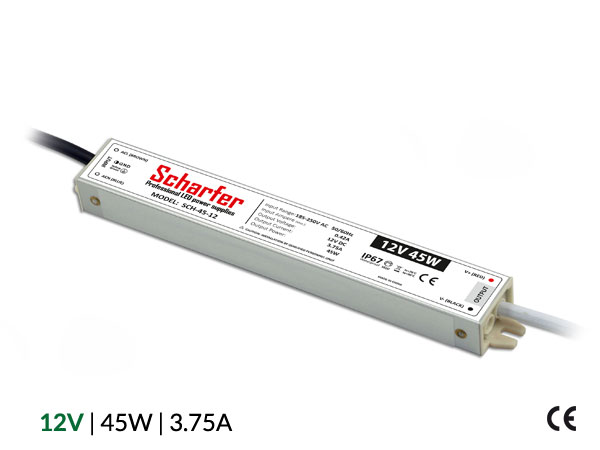 Profesionální napájecí zdroj Scharfer pro LED osvětlení, 12V | 45W | 3,75A | IP67