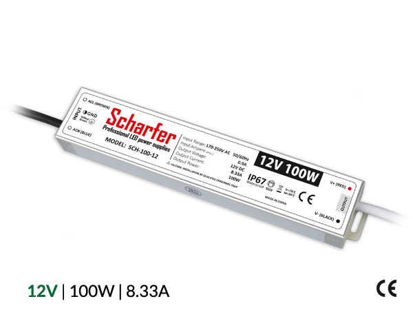 Profesionální napájecí zdroj Scharfer pro LED osvětlení, 12V | 100W | 8,33A | IP67