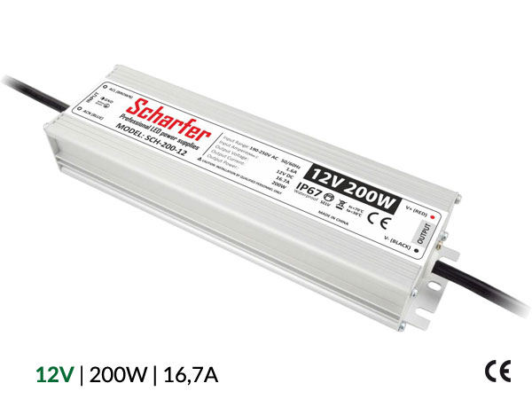 Profesionální napájecí zdroj Scharfer pro LED osvětlení, 12V | 200W | 16,7A | IP67