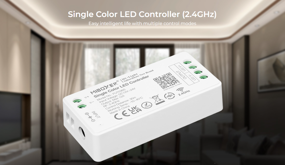 Řídící jednotka FUT036S Mi.Light MiBOXER pro jednobarevné LED pásky, RF 2,4 GHz, 12V-24V, 12A