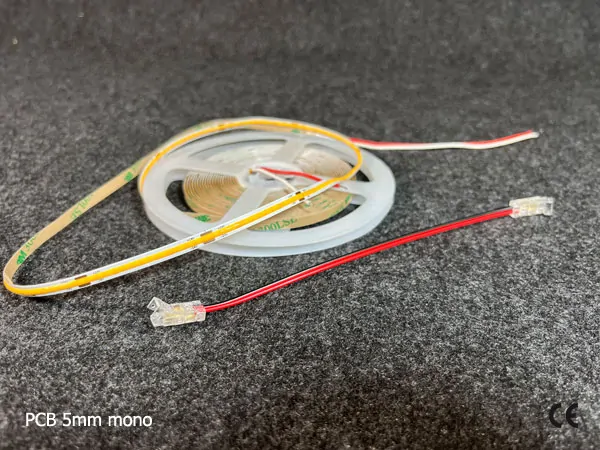 2 pin KONEKTOR pro MONO COB & SMD LED pásky, typ: LED pásek ↔ propojovací KABEL ↔ LED pásek, PCB 5mm