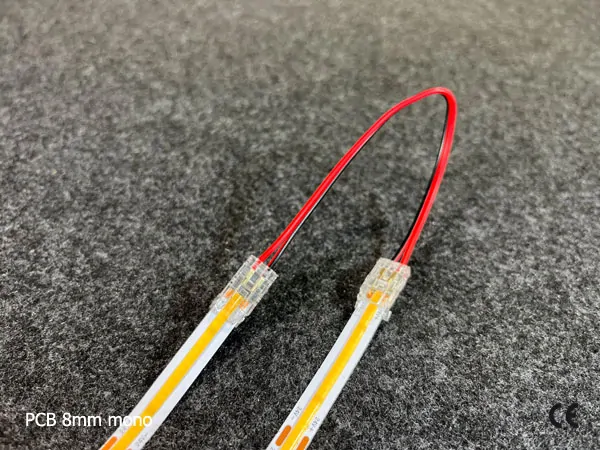 2 pin KONEKTOR pro MONO COB & SMD LED pásky, typ: LED pásek ↔ propojovací KABEL ↔ LED pásek, PCB 8mm