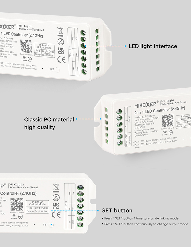 Řídící jednotka FUT035P+ (2v1) Mi.Light MiBOXER pro jednobarevné a CCT LED pásky, RF 2,4 GHz, 12V-48V, 20A