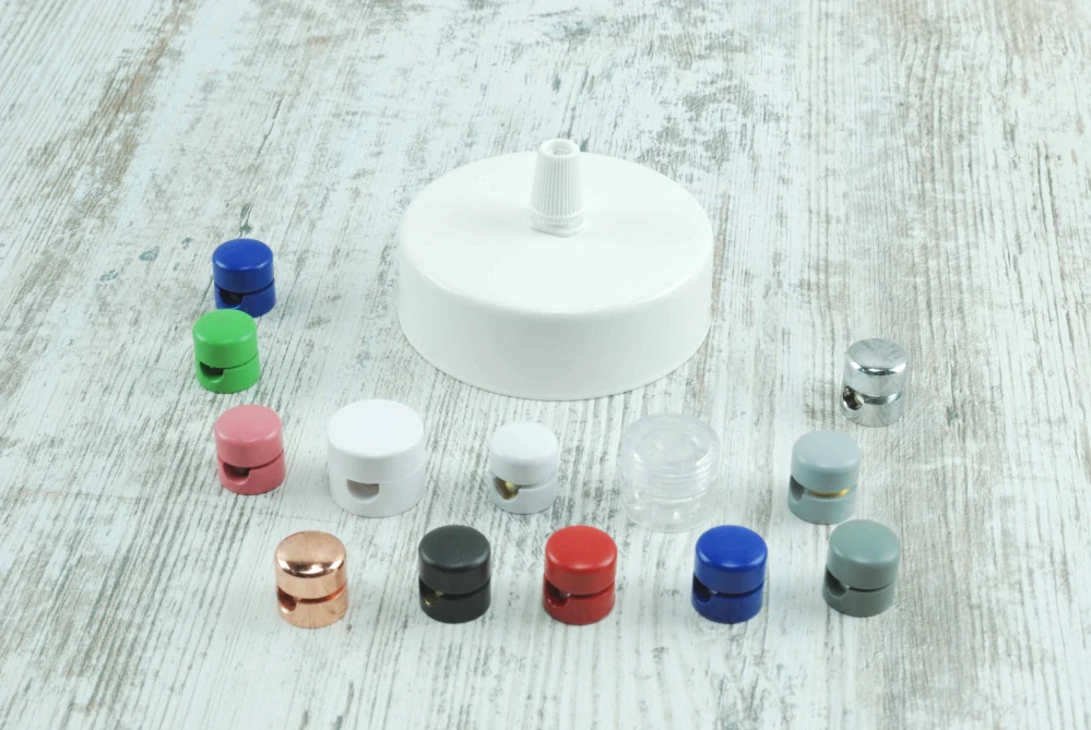 ROZETA STROPNÍ KULATÁ - BÍLÁ lakovaná, 8cm, pro lampy s jedním kabelem, sada vč. kabelového zámku